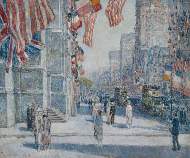 "Early Morning on the Avenue in May 1917" (1917) by Childe Hassam Addison Gallery of American Art, Phillips Academy, Andover/Art Resource, NY.