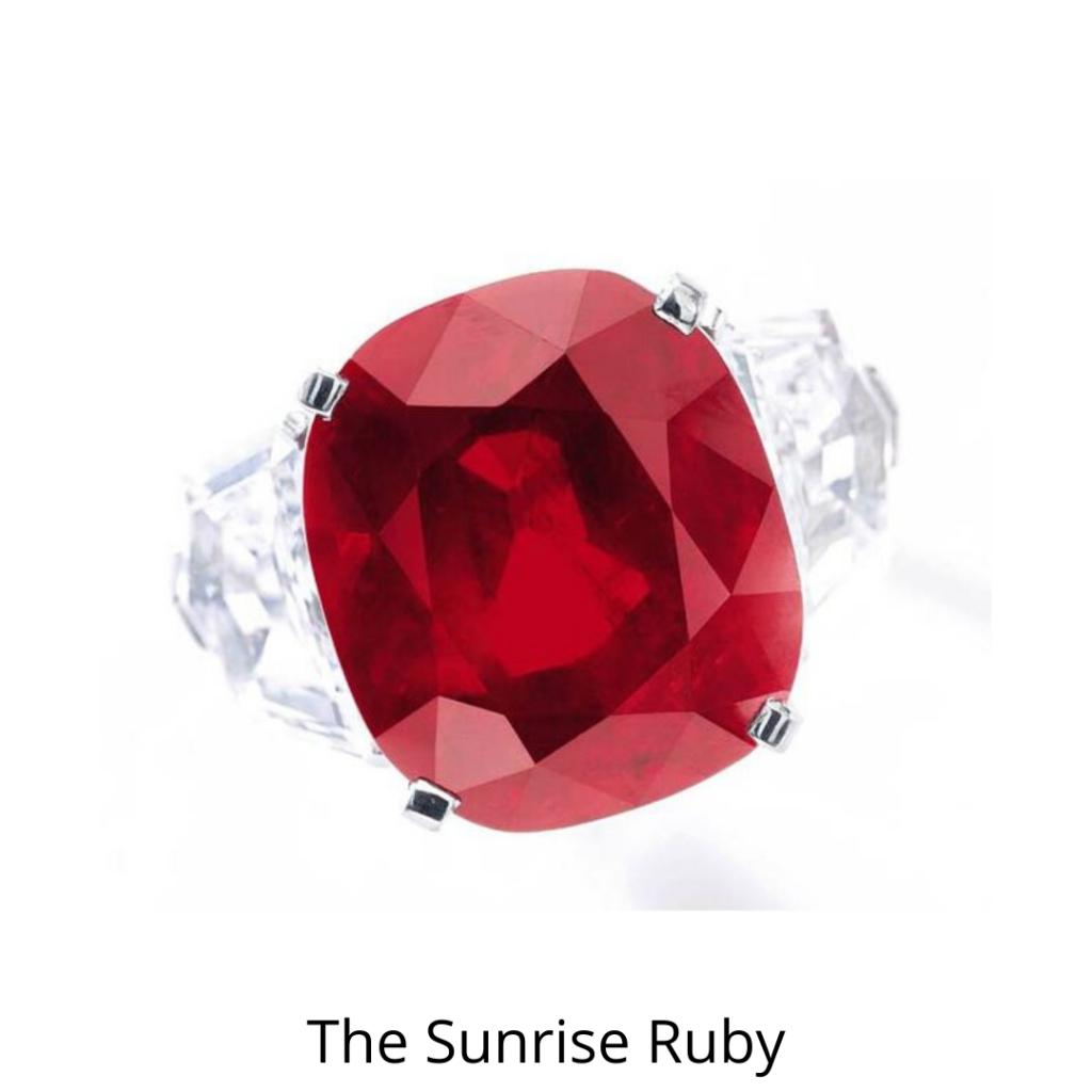 The Sunrise Ruby is a certified untreated 25.59 carat Burma Ruby. It’s set into a Cartier ring flanked by white diamonds and is believed to be the world’s most expensive ruby ring. The stone has a pigeon blood red color with high clarity and brilliance. The ring sold for more than 30 million US dollars at an auction and set a world record for the most expensive ruby and color stone sold. (Photo Credit: Pinterest)