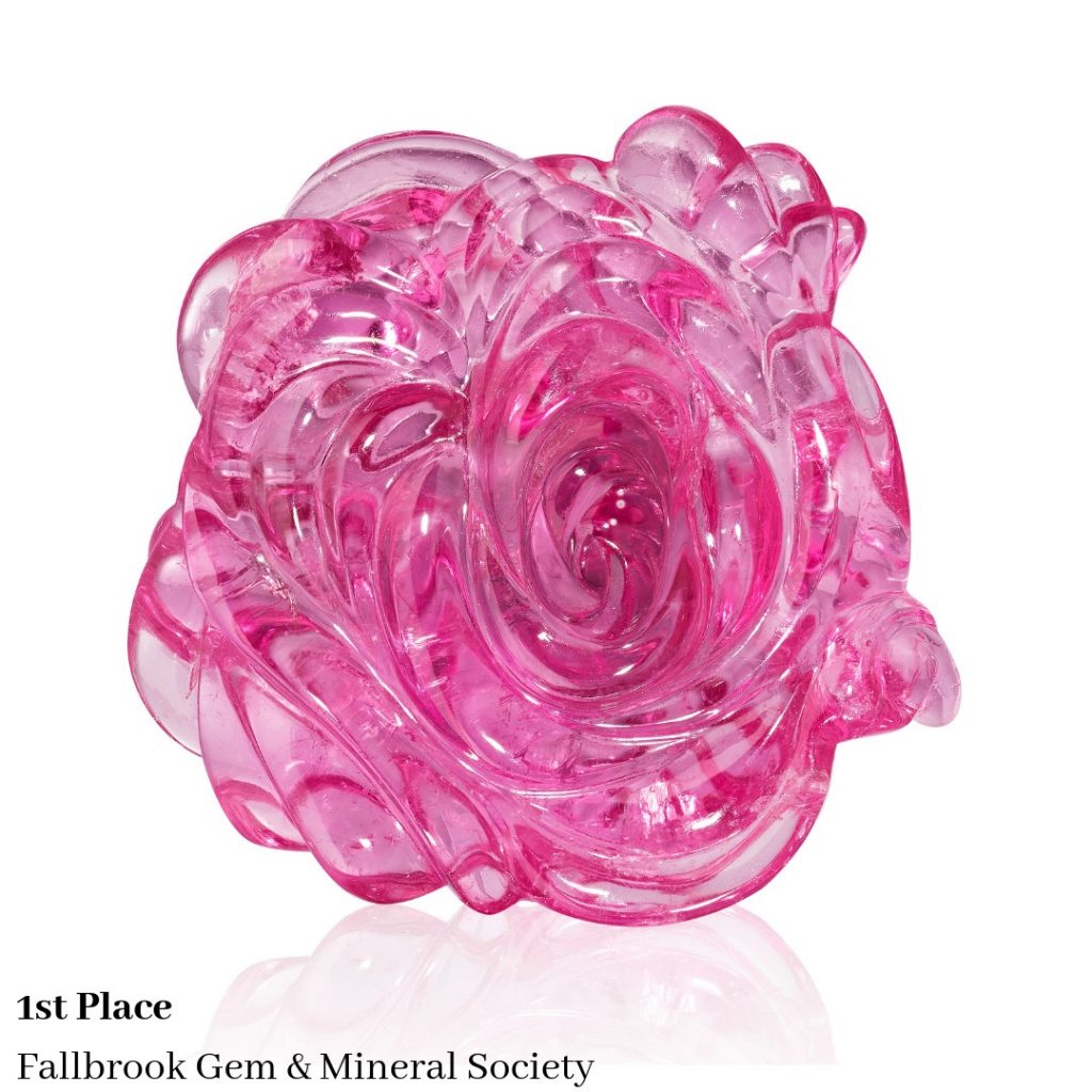 AGTA Spectrum19 Cutting Edge Award for Carving: Meg Berry, Fallbrook Gem & Mineral Society - 69.0 ct. carved rubellite Tourmaline, titled "Himalaya Rose." | Photo Courtesy: AGTA